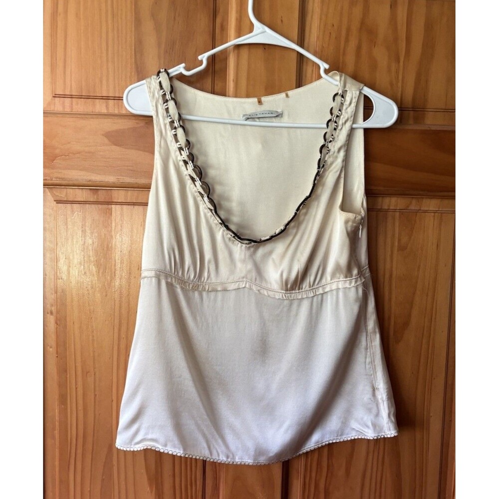 Elie Tahari Silk Tank Top Blouse Beaded Neckline Women’s Size Small Cream